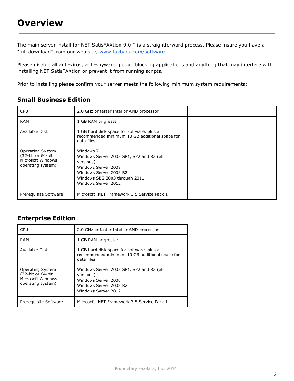 Overview, Small business edition, Enterprise edition | FaxBack NET SatisFAXtion 9.0 - Installation Guide (Small Business Edition) User Manual | Page 3 / 23