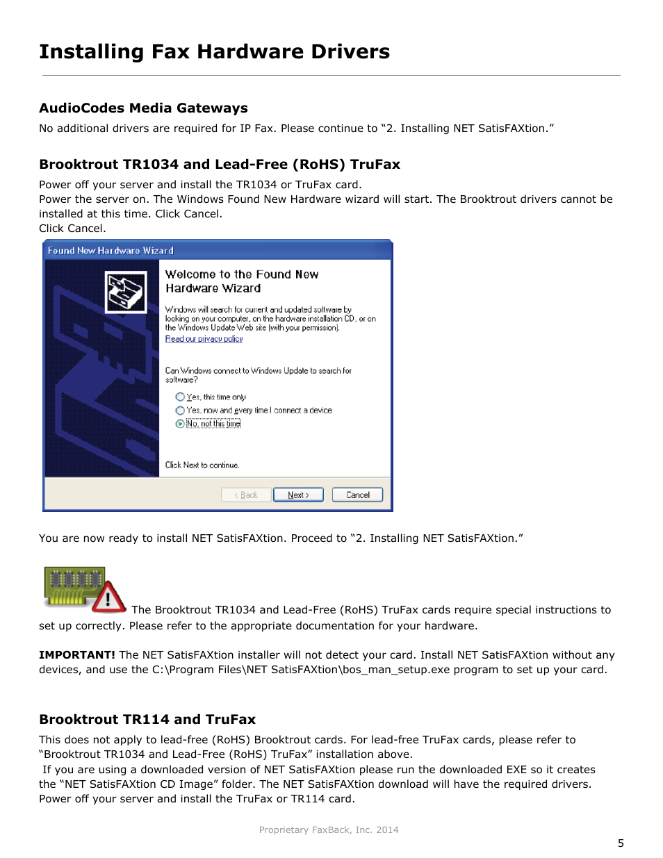 Installing fax hardware drivers | FaxBack NET SatisFAXtion 9.0 - Installation Guide (Small Business Edition) User Manual | Page 5 / 23
