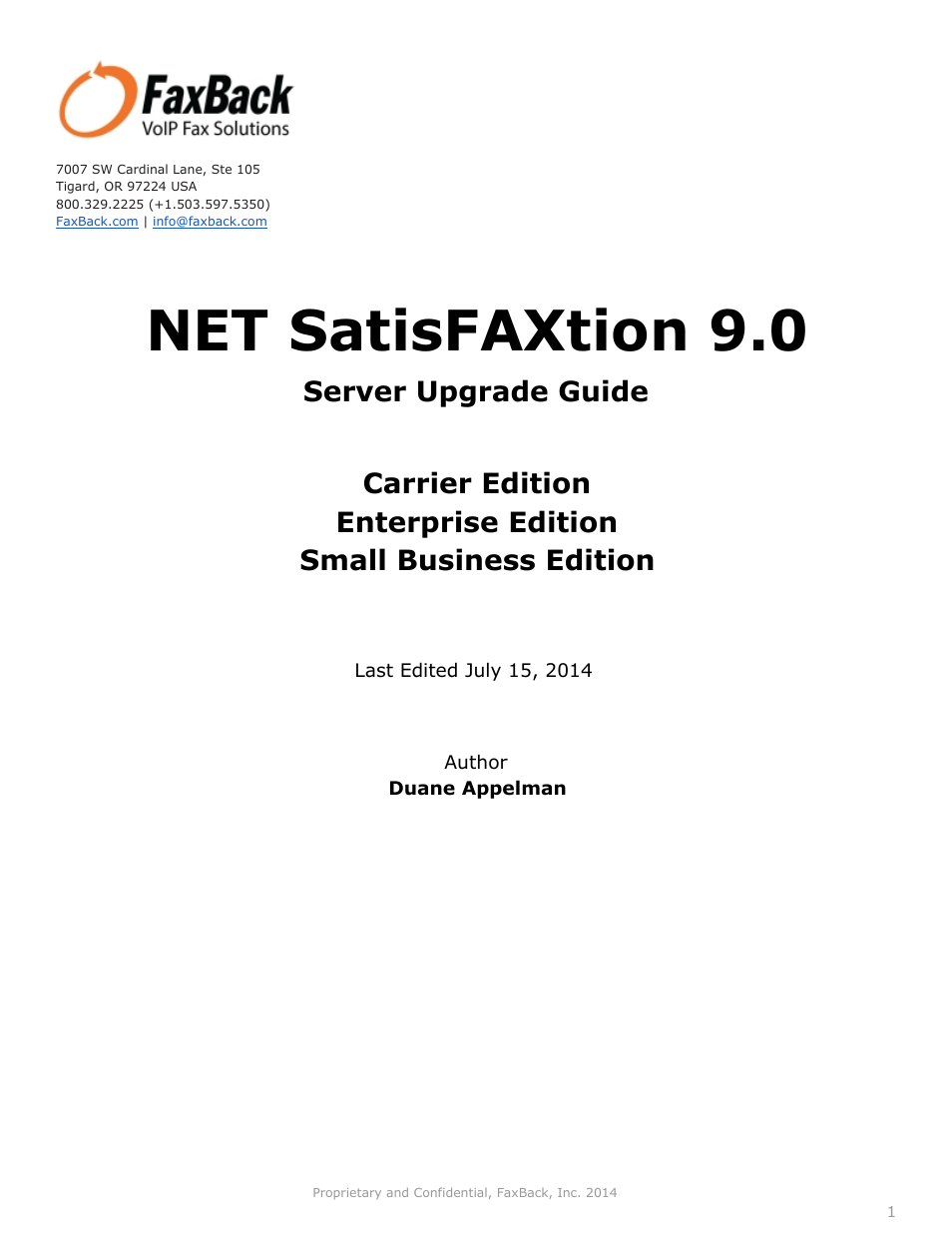 FaxBack NET SatisFAXtion 9.0 - Server Upgrade Guide User Manual | 10 pages