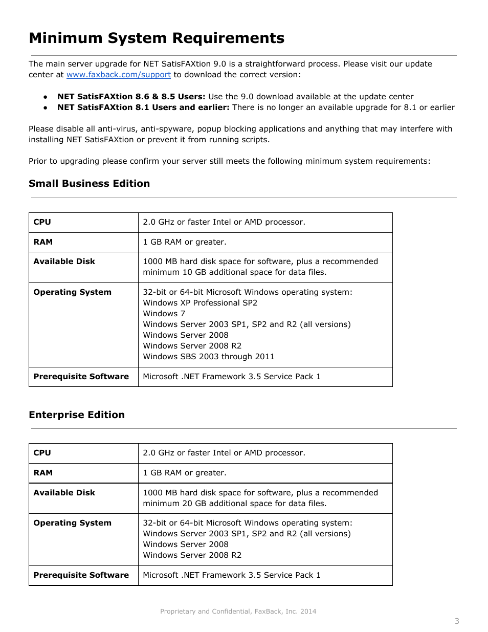 Minimum system requirements | FaxBack NET SatisFAXtion 9.0 - Server Upgrade Guide User Manual | Page 3 / 10