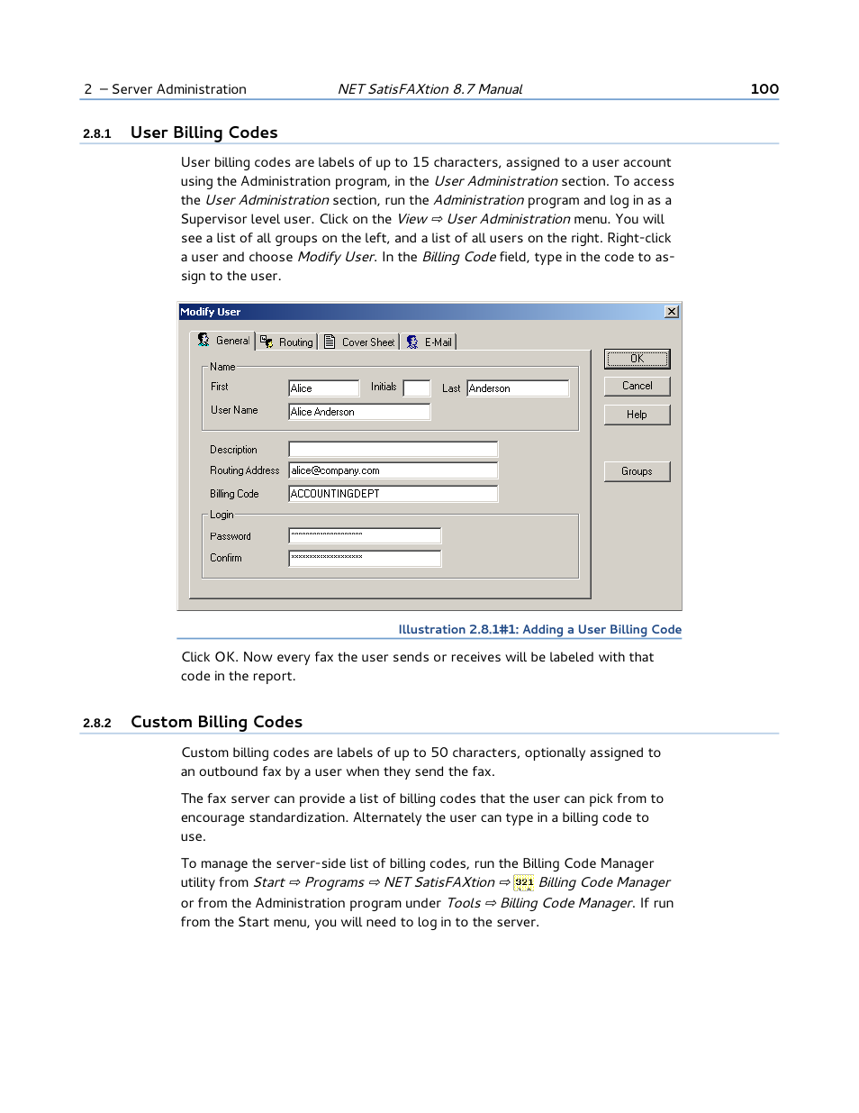 1 user billing codes, 2 custom billing codes, User billing codes | Custom billing codes | FaxBack NET SatisFAXtion 8.7 (Including R3) - Manual User Manual | Page 100 / 238
