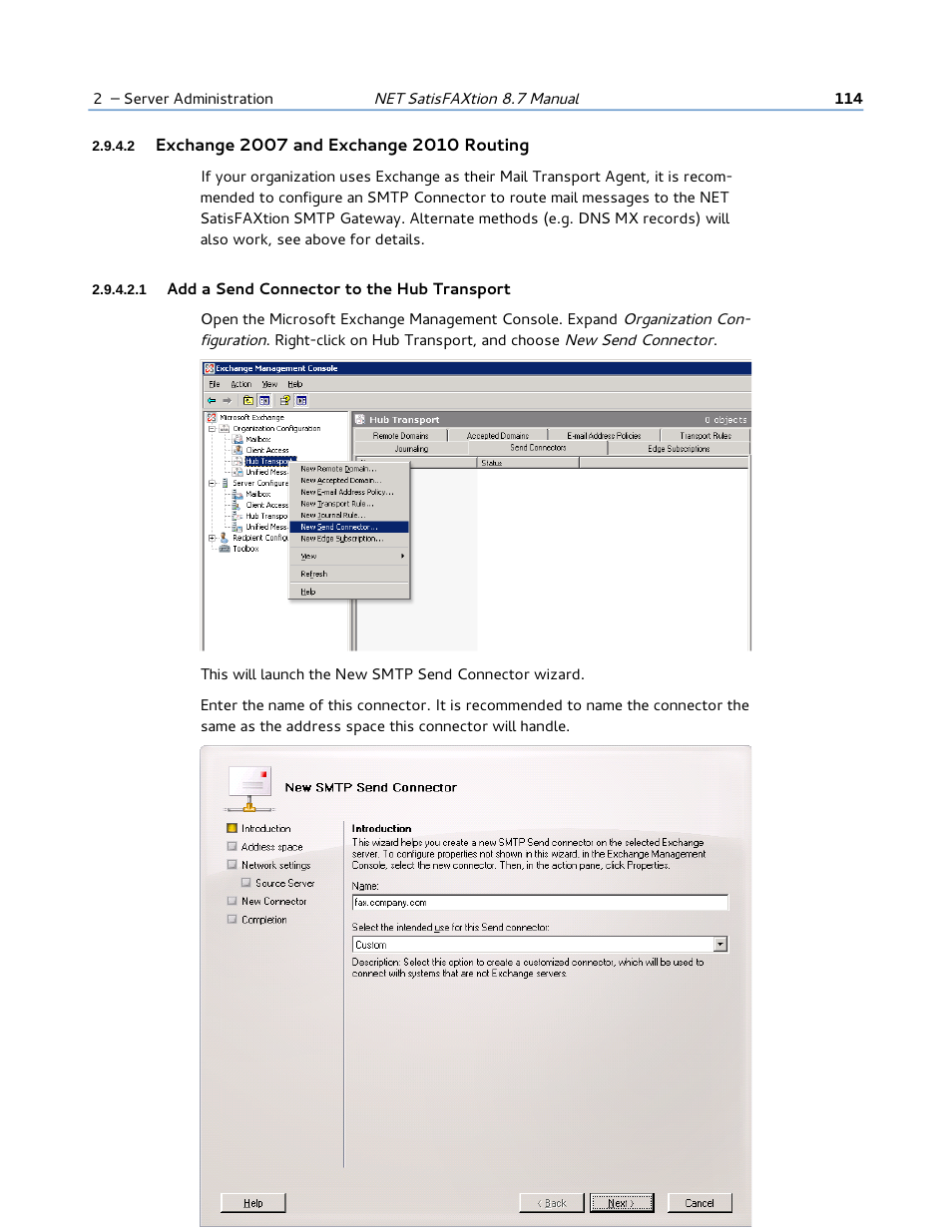2 exchange 2007 and exchange 2010 routing, 1 add a send connector to the hub transport | FaxBack NET SatisFAXtion 8.7 (Including R3) - Manual User Manual | Page 114 / 238