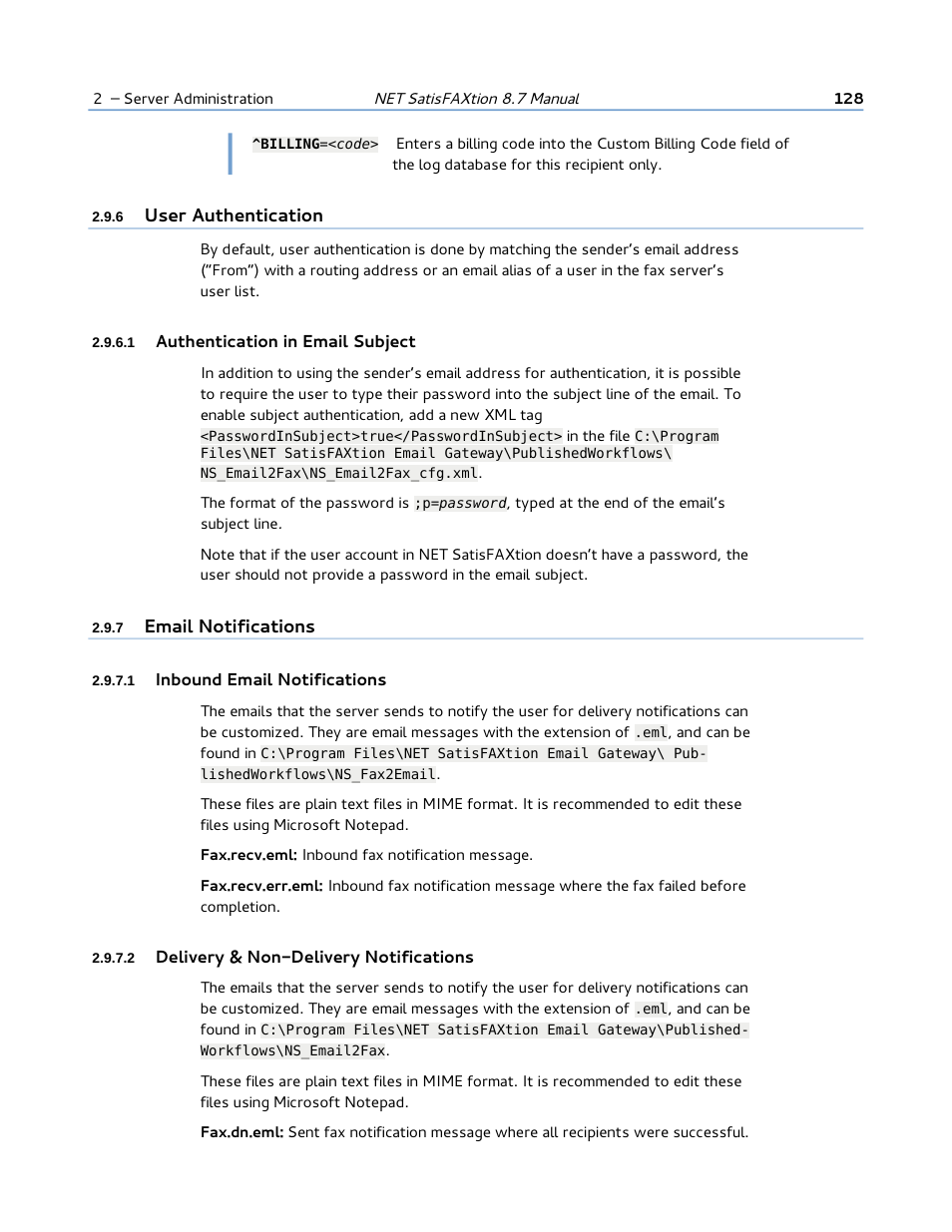 6 user authentication, 1 authentication in email subject, 7 email notifications | 1 inbound email notifications, 2 delivery & non-delivery notifications | FaxBack NET SatisFAXtion 8.7 (Including R3) - Manual User Manual | Page 128 / 238