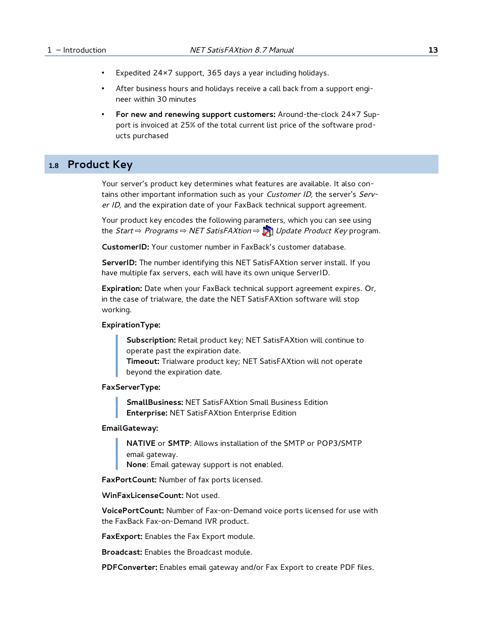 8 product key, Product key | FaxBack NET SatisFAXtion 8.7 (Including R3) - Manual User Manual | Page 13 / 238