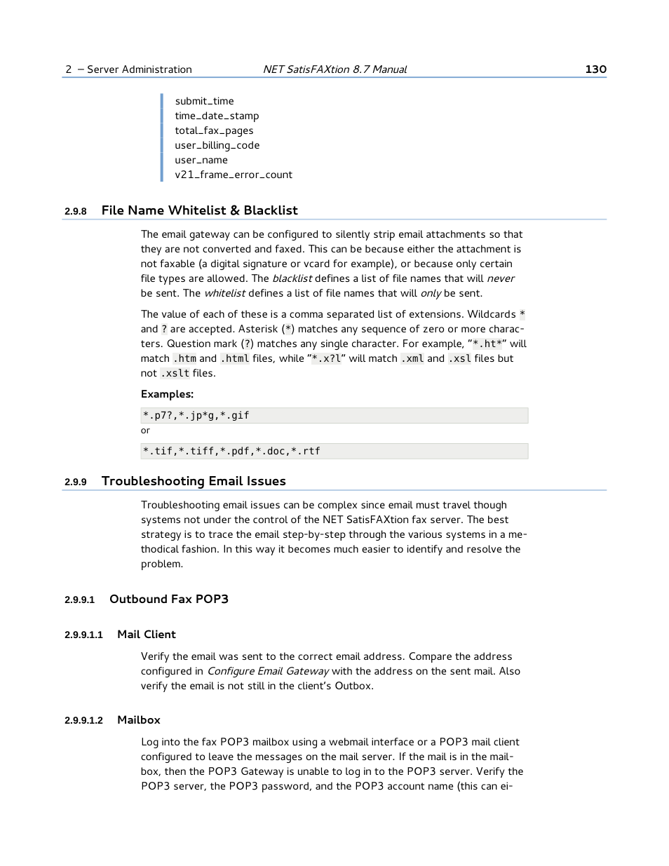 8 file name whitelist & blacklist, 9 troubleshooting email issues, 1 outbound fax pop3 | 1 mail client, 2 mailbox, File name whitelist & blacklist | FaxBack NET SatisFAXtion 8.7 (Including R3) - Manual User Manual | Page 130 / 238