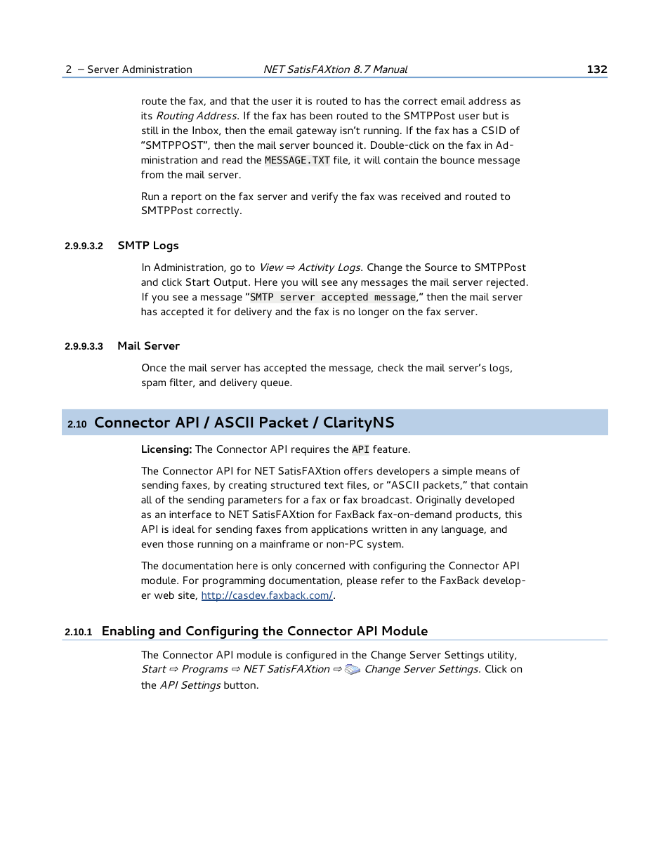2 smtp logs, 3 mail server, 10 connector api / ascii packet / clarityns | Connector api / ascii packet / clarityns | FaxBack NET SatisFAXtion 8.7 (Including R3) - Manual User Manual | Page 132 / 238