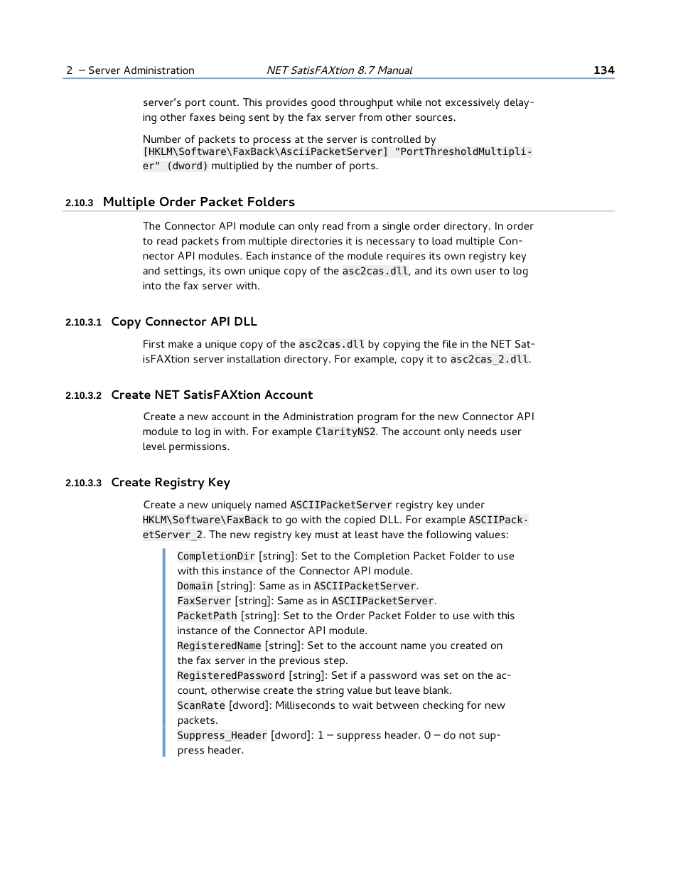 3 multiple order packet folders, 1 copy connector api dll, 2 create net satisfaxtion account | 3 create registry key | FaxBack NET SatisFAXtion 8.7 (Including R3) - Manual User Manual | Page 134 / 238