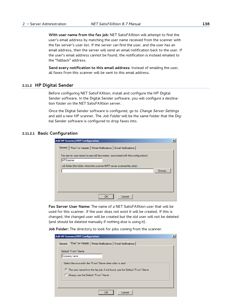 2 hp digital sender, 1 basic configuration | FaxBack NET SatisFAXtion 8.7 (Including R3) - Manual User Manual | Page 138 / 238
