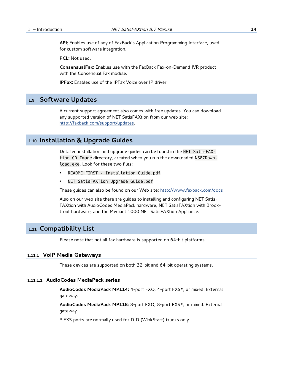 9 software updates, 10 installation & upgrade guides, 11 compatibility list | 1 voip media gateways, 1 audiocodes mediapack series, 11) compatibility list, Software updates, Installation & upgrade guides, Compatibility list | FaxBack NET SatisFAXtion 8.7 (Including R3) - Manual User Manual | Page 14 / 238