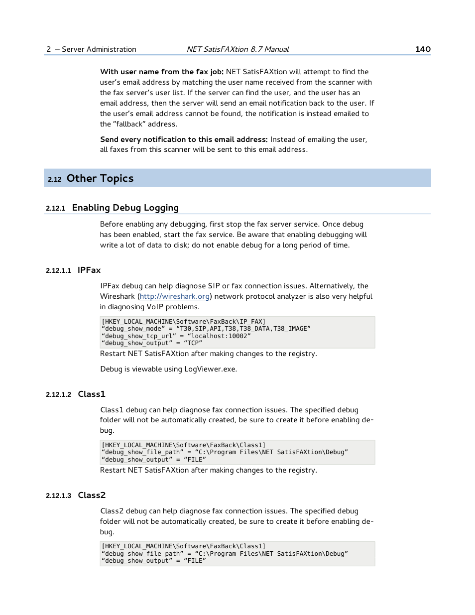 12 other topics, 1 enabling debug logging, 1 ipfax | 2 class1, 3 class2, Other topics, Enabling debug logging | FaxBack NET SatisFAXtion 8.7 (Including R3) - Manual User Manual | Page 140 / 238