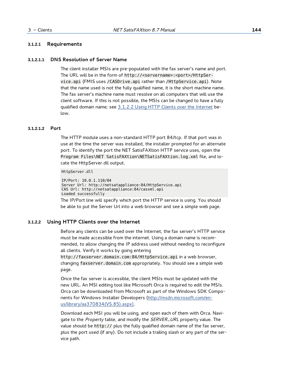 1 requirements, 1 dns resolution of server name, 2 port | 2 using http clients over the internet, Using http clients over the internet | FaxBack NET SatisFAXtion 8.7 (Including R3) - Manual User Manual | Page 144 / 238