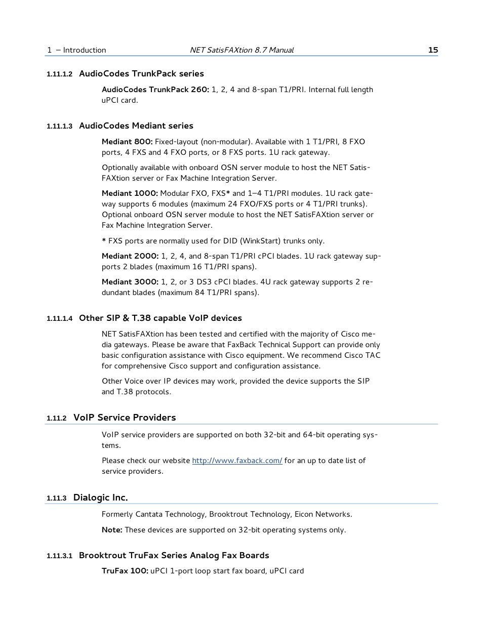 2 audiocodes trunkpack series, 3 audiocodes mediant series, 4 other sip & t.38 capable voip devices | 2 voip service providers, 3 dialogic inc, 1 brooktrout trufax series analog fax boards | FaxBack NET SatisFAXtion 8.7 (Including R3) - Manual User Manual | Page 15 / 238