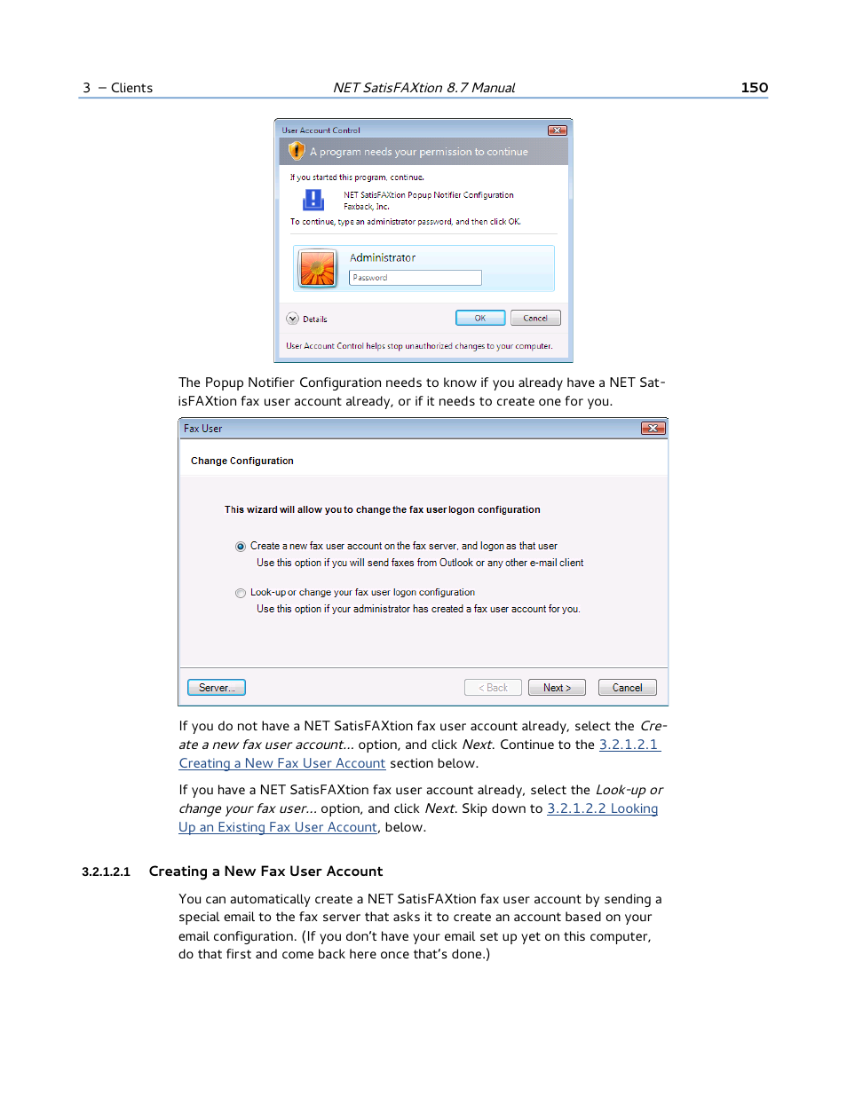 1 creating a new fax user account | FaxBack NET SatisFAXtion 8.7 (Including R3) - Manual User Manual | Page 150 / 238