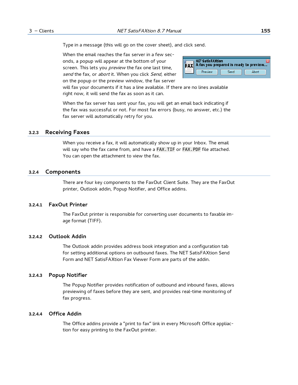 3 receiving faxes, 4 components, 1 faxout printer | 2 outlook addin, 3 popup notifier, 4 office addin | FaxBack NET SatisFAXtion 8.7 (Including R3) - Manual User Manual | Page 155 / 238