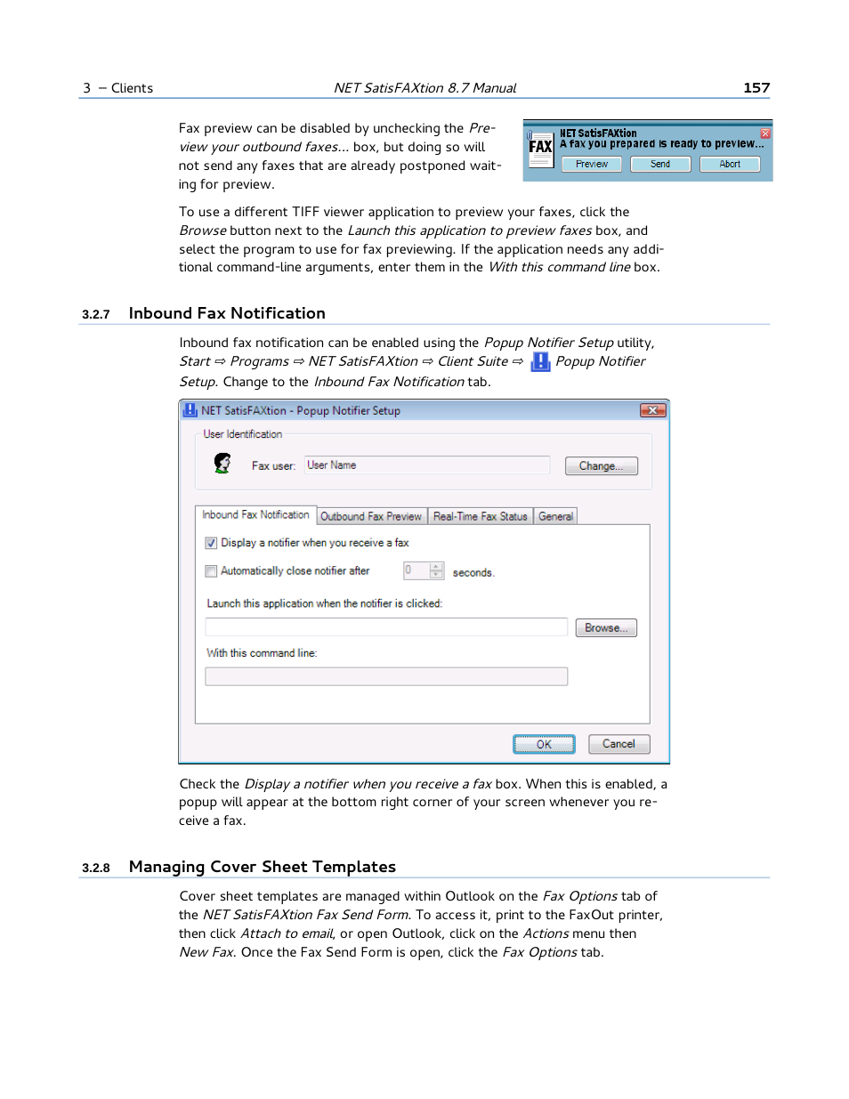 7 inbound fax notification, 8 managing cover sheet templates | FaxBack NET SatisFAXtion 8.7 (Including R3) - Manual User Manual | Page 157 / 238