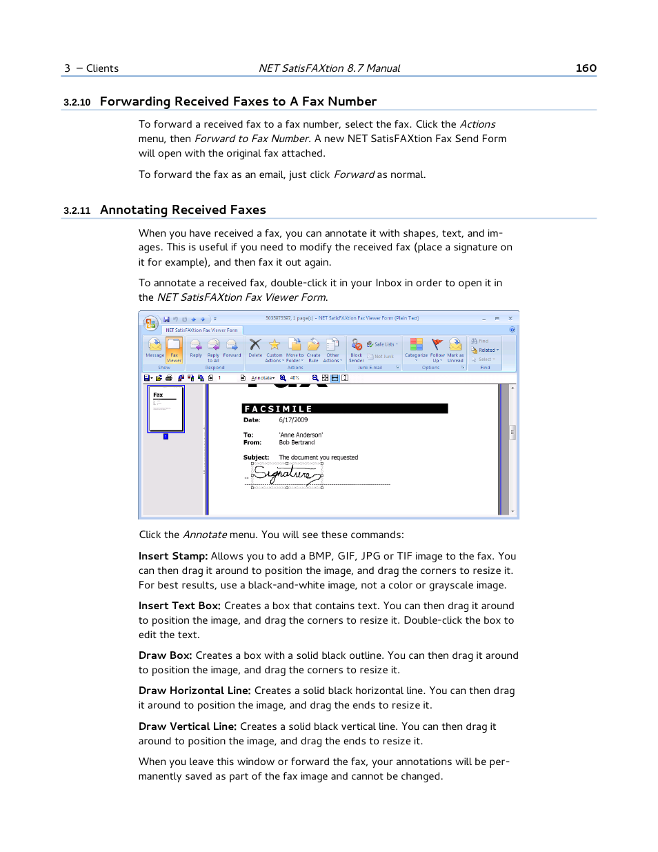 10 forwarding received faxes to a fax number, 11 annotating received faxes | FaxBack NET SatisFAXtion 8.7 (Including R3) - Manual User Manual | Page 160 / 238