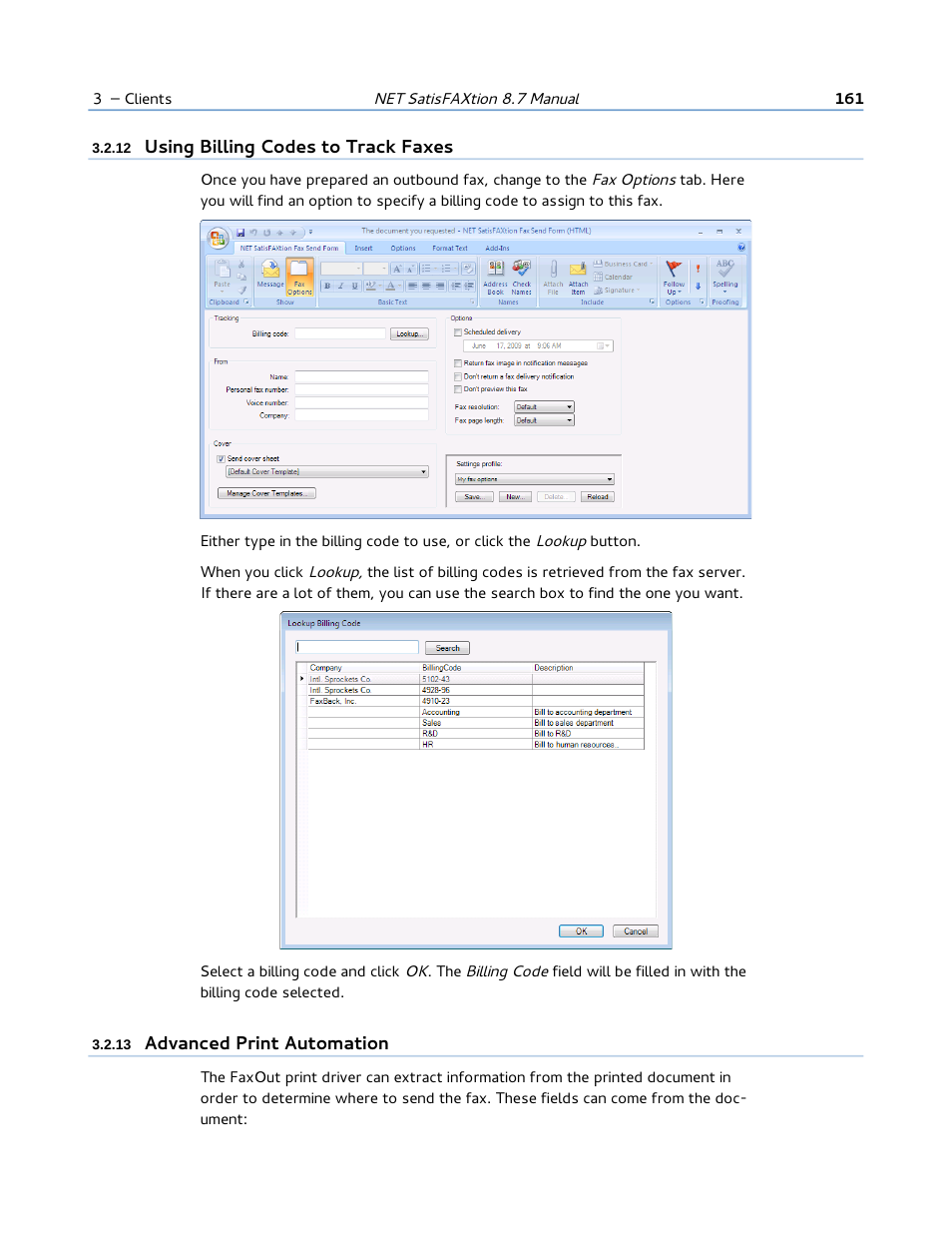 12 using billing codes to track faxes, 13 advanced print automation | FaxBack NET SatisFAXtion 8.7 (Including R3) - Manual User Manual | Page 161 / 238