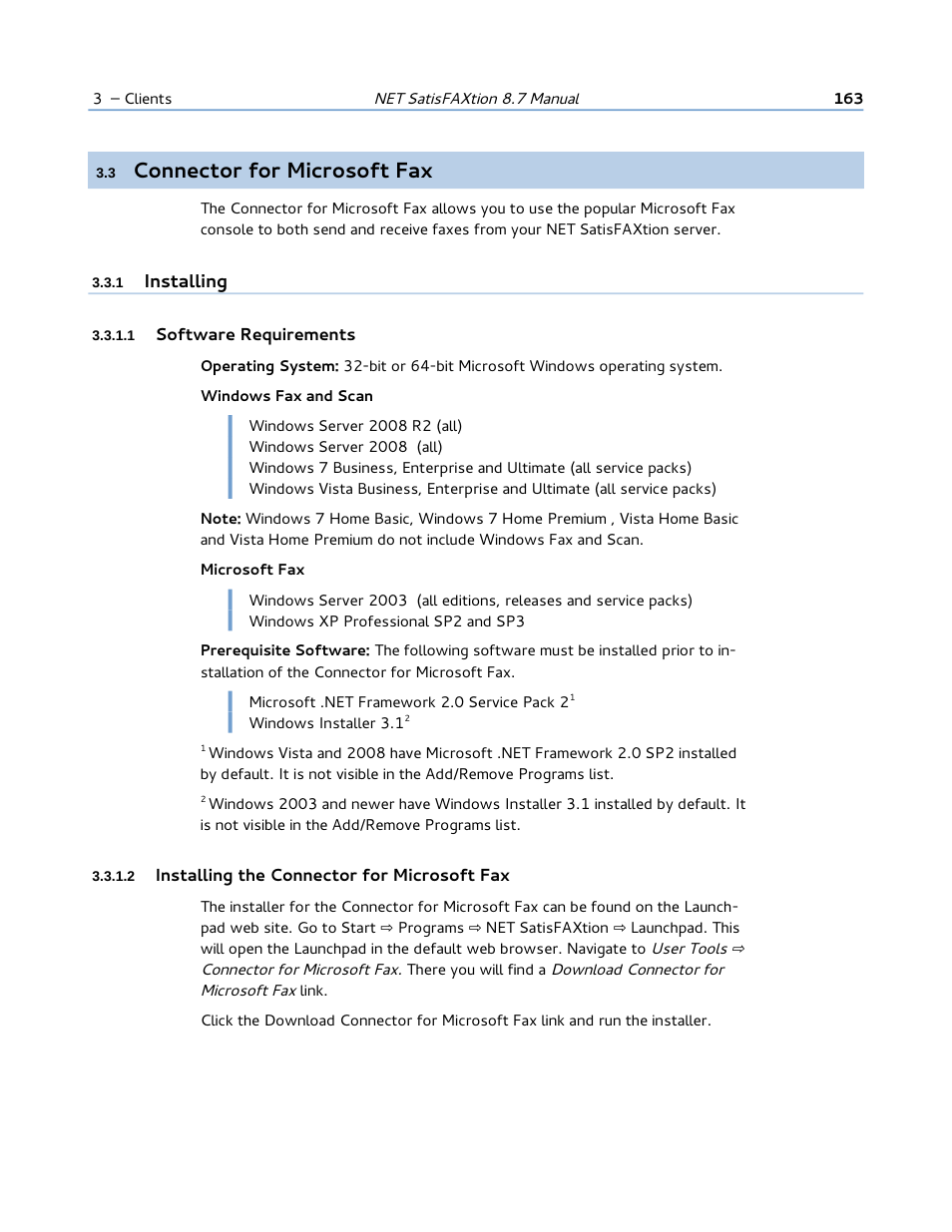 3 connector for microsoft fax, 1 installing, 1 software requirements | 2 installing the connector for microsoft fax, Connector for microsoft fax | FaxBack NET SatisFAXtion 8.7 (Including R3) - Manual User Manual | Page 163 / 238