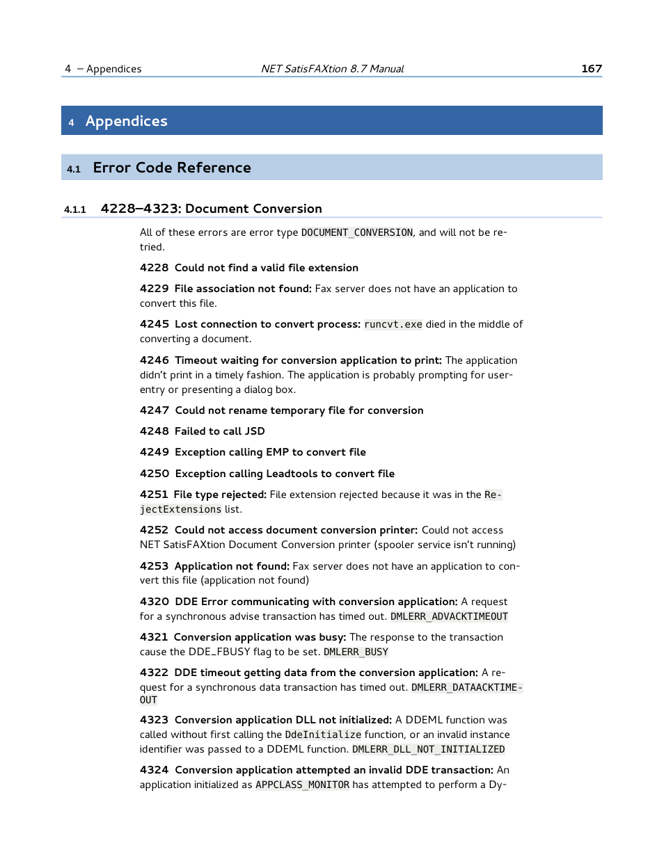 4 appendices, 1 error code reference, 1 4228–4323: document conversion | Error code reference, Appendices | FaxBack NET SatisFAXtion 8.7 (Including R3) - Manual User Manual | Page 167 / 238
