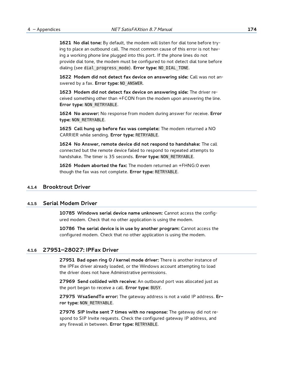 4 brooktrout driver, 5 serial modem driver, 6 27951–28027: ipfax driver | FaxBack NET SatisFAXtion 8.7 (Including R3) - Manual User Manual | Page 174 / 238