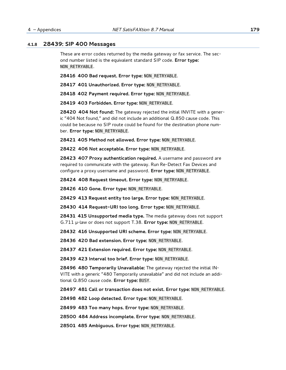 8 28439: sip 400 messages | FaxBack NET SatisFAXtion 8.7 (Including R3) - Manual User Manual | Page 179 / 238