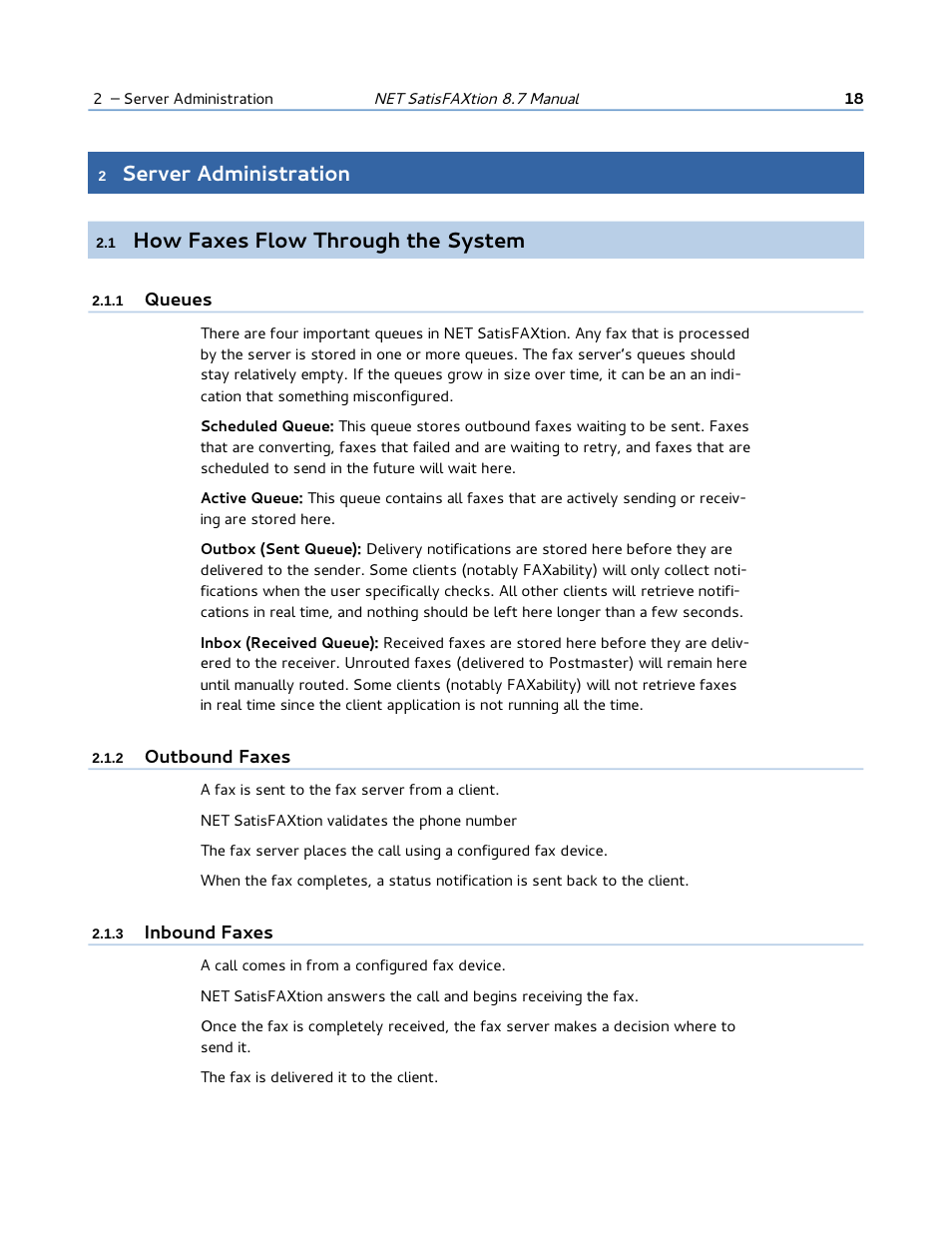 2 server administration, 1 how faxes flow through the system, 1 queues | 2 outbound faxes, 3 inbound faxes, Server administration, How faxes flow through the system | FaxBack NET SatisFAXtion 8.7 (Including R3) - Manual User Manual | Page 18 / 238
