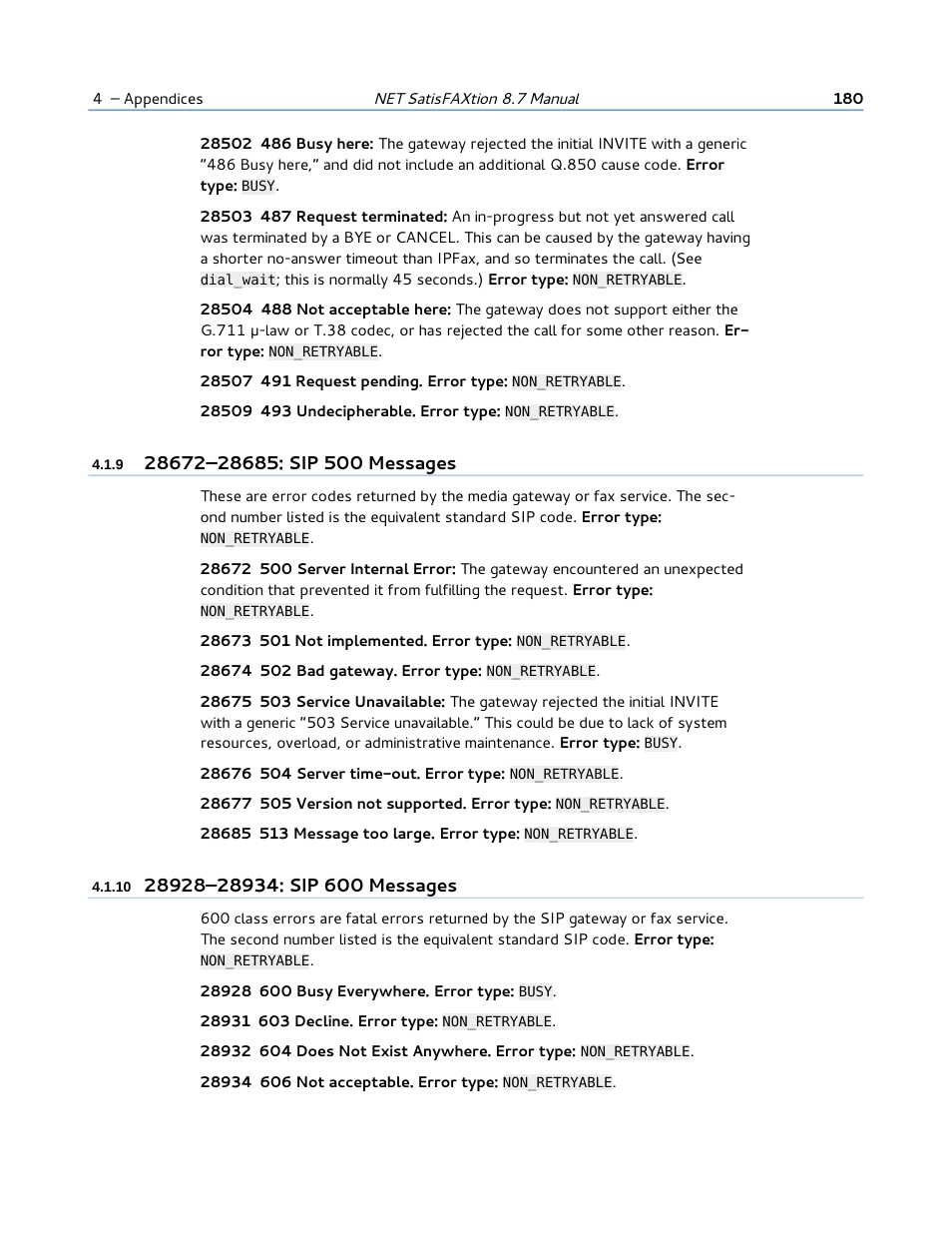 9 28672–28685: sip 500 messages, 10 28928–28934: sip 600 messages | FaxBack NET SatisFAXtion 8.7 (Including R3) - Manual User Manual | Page 180 / 238