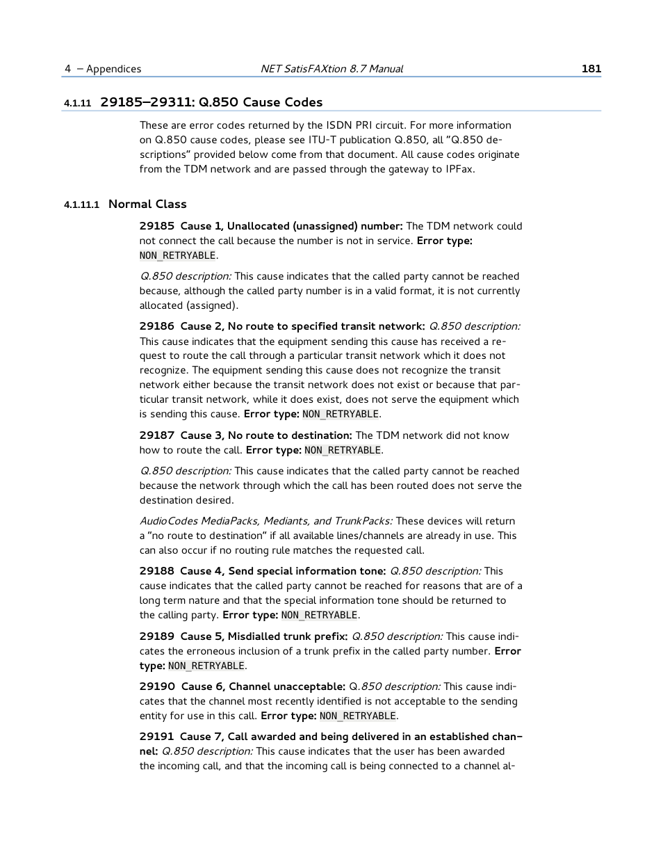 11 29185–29311: q.850 cause codes, 1 normal class | FaxBack NET SatisFAXtion 8.7 (Including R3) - Manual User Manual | Page 181 / 238