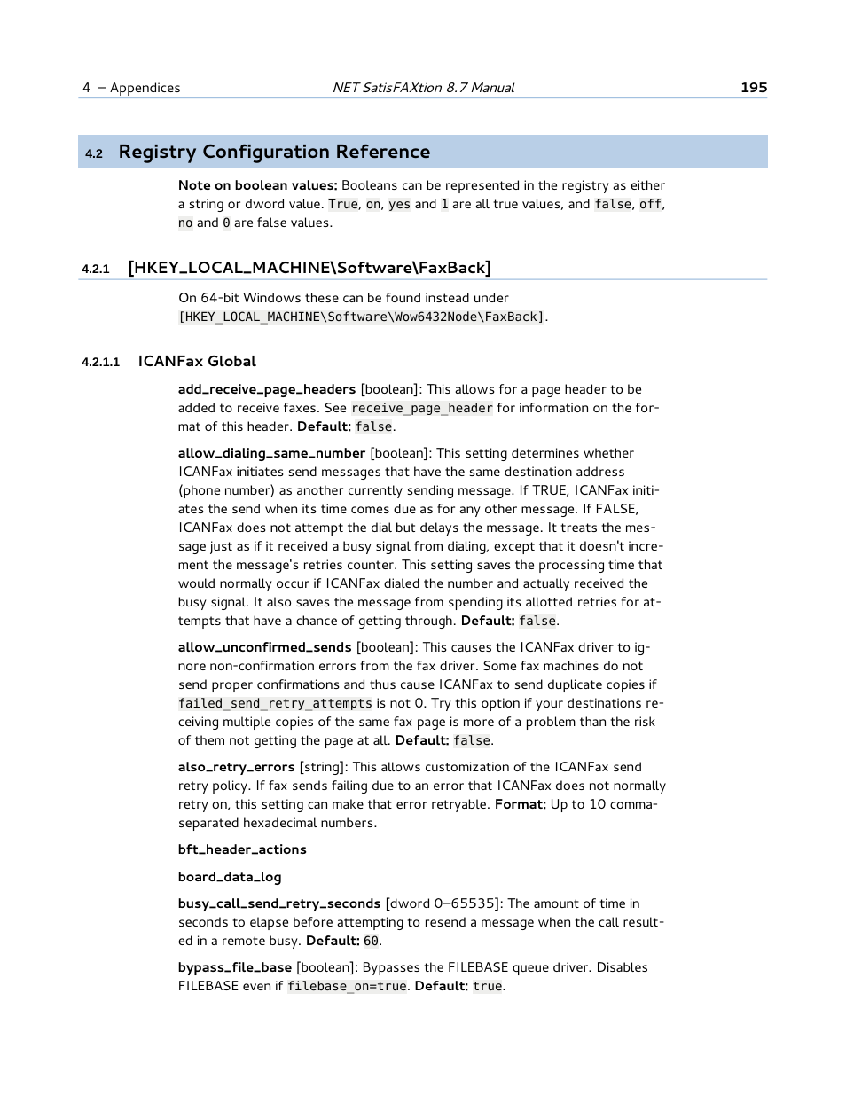 2 registry configuration reference, 1 [hkey_local_machinesoftwarefaxback, 1 icanfax global | Icanfax global, Registry configuration reference | FaxBack NET SatisFAXtion 8.7 (Including R3) - Manual User Manual | Page 195 / 238