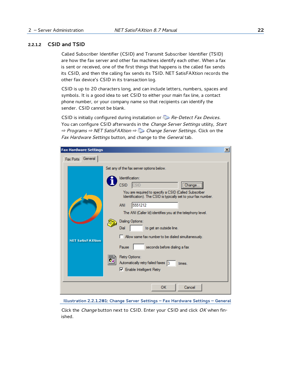 2 csid and tsid | FaxBack NET SatisFAXtion 8.7 (Including R3) - Manual User Manual | Page 22 / 238