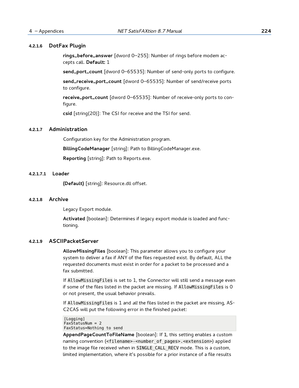 6 dotfax plugin, 7 administration, 1 loader | 8 archive, 9 asciipacketserver | FaxBack NET SatisFAXtion 8.7 (Including R3) - Manual User Manual | Page 224 / 238