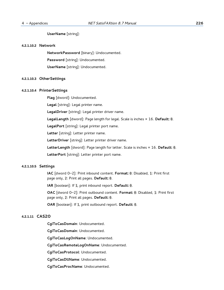 2 network, 3 othersettings, 4 printersettings | 5 settings, 11 cas20 | FaxBack NET SatisFAXtion 8.7 (Including R3) - Manual User Manual | Page 226 / 238