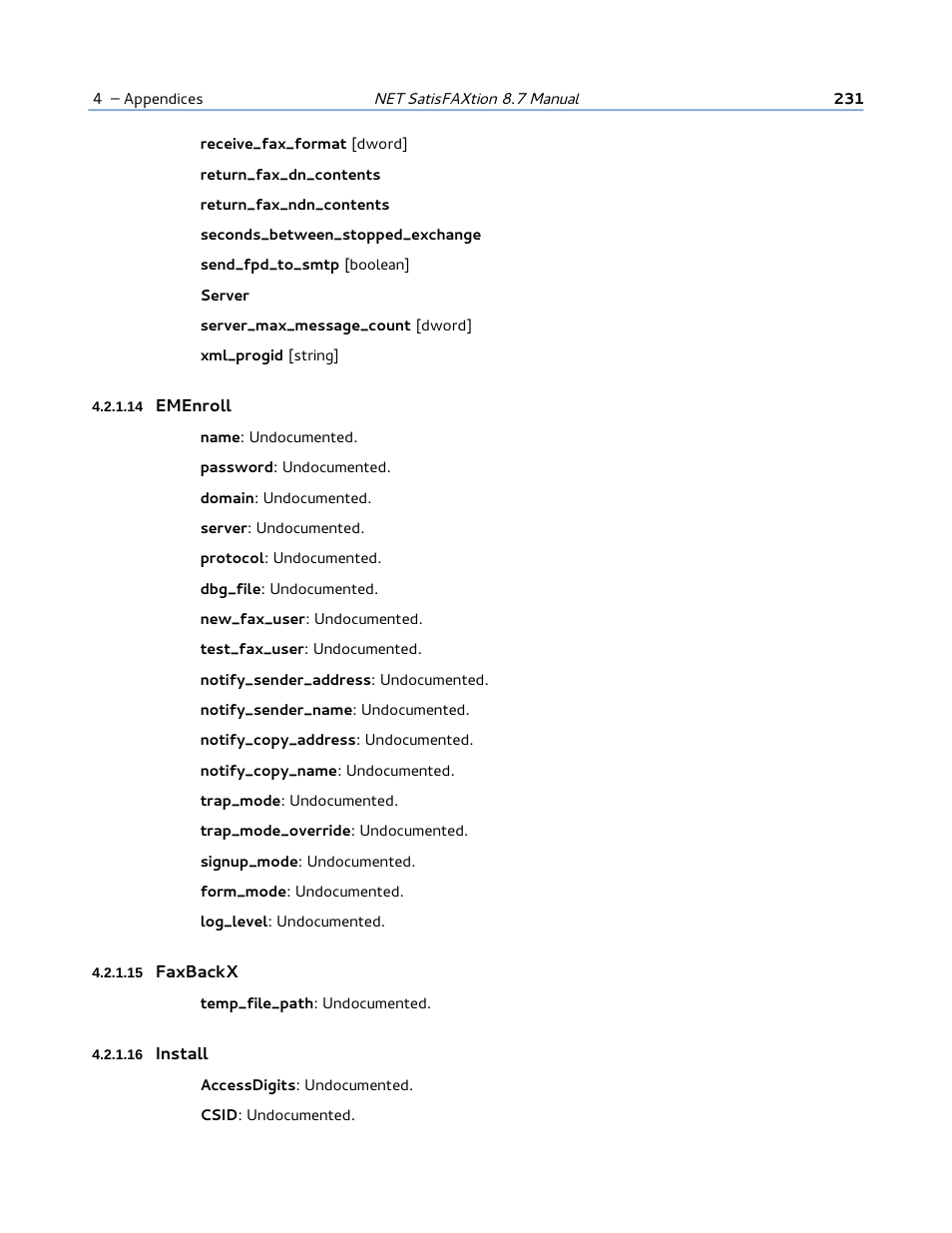 14 emenroll, 15 faxbackx, 16 install | FaxBack NET SatisFAXtion 8.7 (Including R3) - Manual User Manual | Page 231 / 238