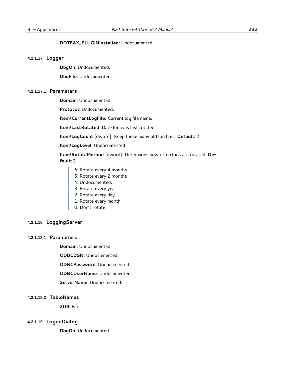 17 logger, 1 parameters, 18 loggingserver | 2 tablenames, 19 logondialog | FaxBack NET SatisFAXtion 8.7 (Including R3) - Manual User Manual | Page 232 / 238