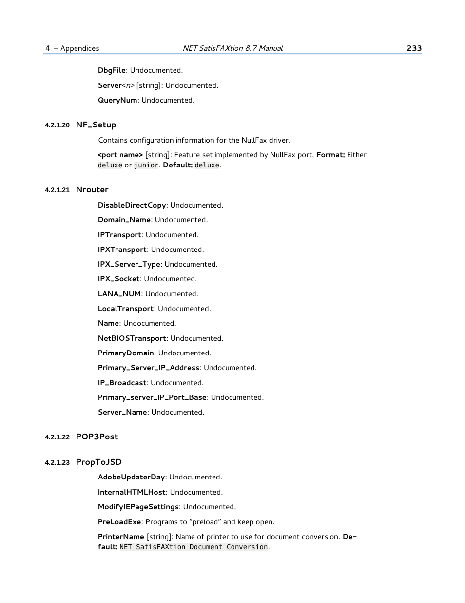 20 nf_setup, 21 nrouter, 22 pop3post | 23 proptojsd | FaxBack NET SatisFAXtion 8.7 (Including R3) - Manual User Manual | Page 233 / 238