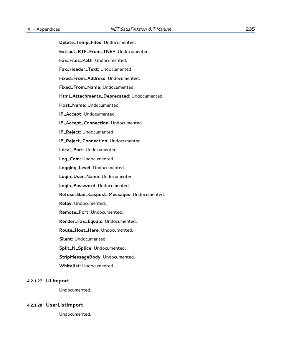 27 ulimport, 28 userlistimport | FaxBack NET SatisFAXtion 8.7 (Including R3) - Manual User Manual | Page 235 / 238