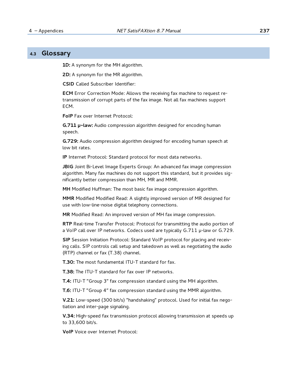3 glossary, Glossary | FaxBack NET SatisFAXtion 8.7 (Including R3) - Manual User Manual | Page 237 / 238