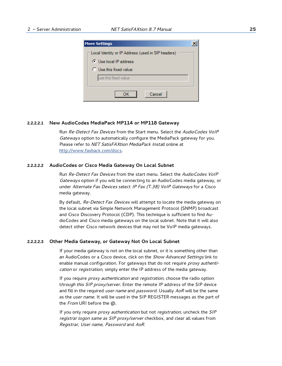 1 new audiocodes mediapack mp114 or mp118 gateway | FaxBack NET SatisFAXtion 8.7 (Including R3) - Manual User Manual | Page 25 / 238