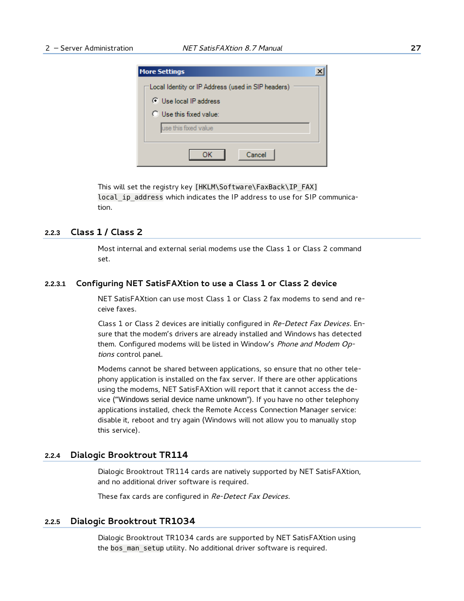 3 class 1 / class 2, 4 dialogic brooktrout tr114, 5 dialogic brooktrout tr1034 | FaxBack NET SatisFAXtion 8.7 (Including R3) - Manual User Manual | Page 27 / 238