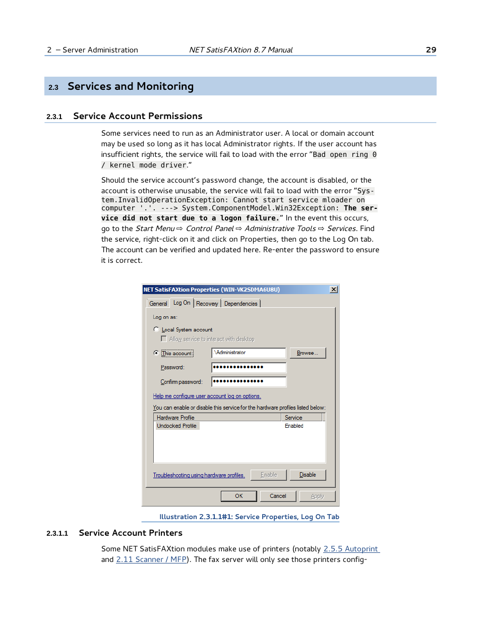 3 services and monitoring, 1 service account permissions, 1 service account printers | Services and monitoring | FaxBack NET SatisFAXtion 8.7 (Including R3) - Manual User Manual | Page 29 / 238
