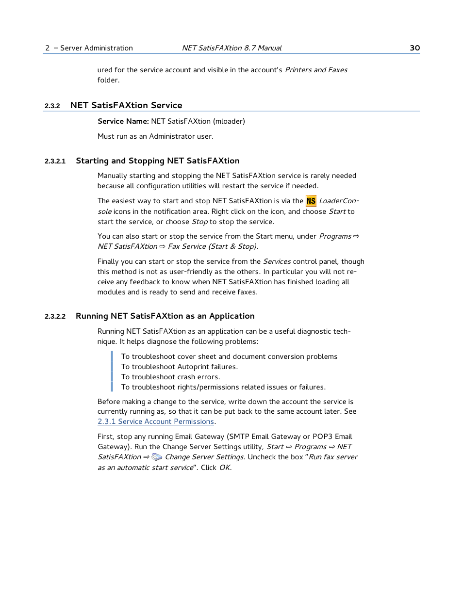 2 net satisfaxtion service, 1 starting and stopping net satisfaxtion, 2 running net satisfaxtion as an application | FaxBack NET SatisFAXtion 8.7 (Including R3) - Manual User Manual | Page 30 / 238