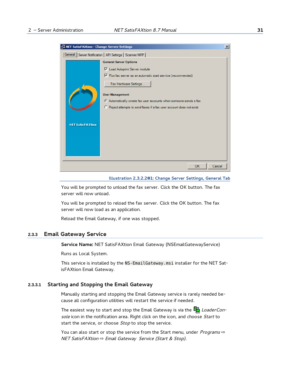 3 email gateway service, 1 starting and stopping the email gateway | FaxBack NET SatisFAXtion 8.7 (Including R3) - Manual User Manual | Page 31 / 238