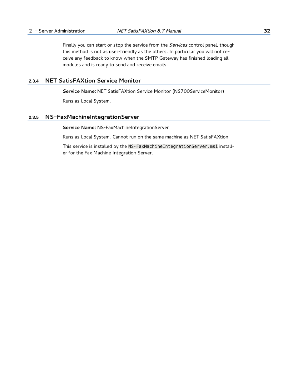 4 net satisfaxtion service monitor, 5 ns-faxmachineintegrationserver | FaxBack NET SatisFAXtion 8.7 (Including R3) - Manual User Manual | Page 32 / 238