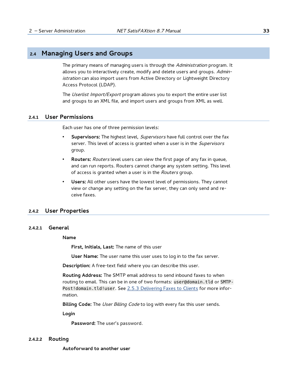 4 managing users and groups, 1 user permissions, 2 user properties | 1 general, 2 routing, Managing users and groups | FaxBack NET SatisFAXtion 8.7 (Including R3) - Manual User Manual | Page 33 / 238