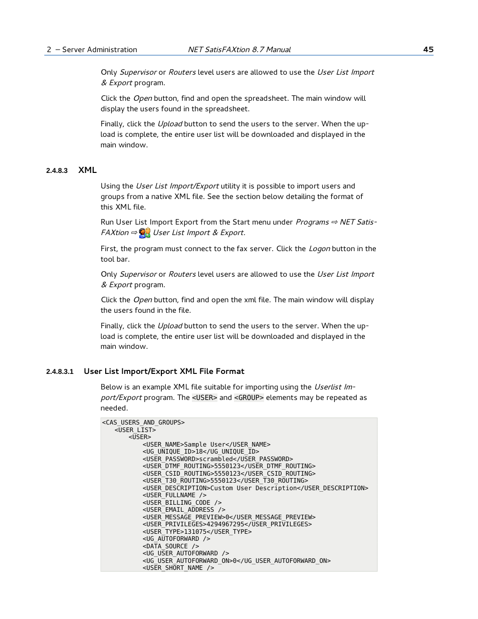 3 xml, 1 user list import/export xml file format | FaxBack NET SatisFAXtion 8.7 (Including R3) - Manual User Manual | Page 45 / 238
