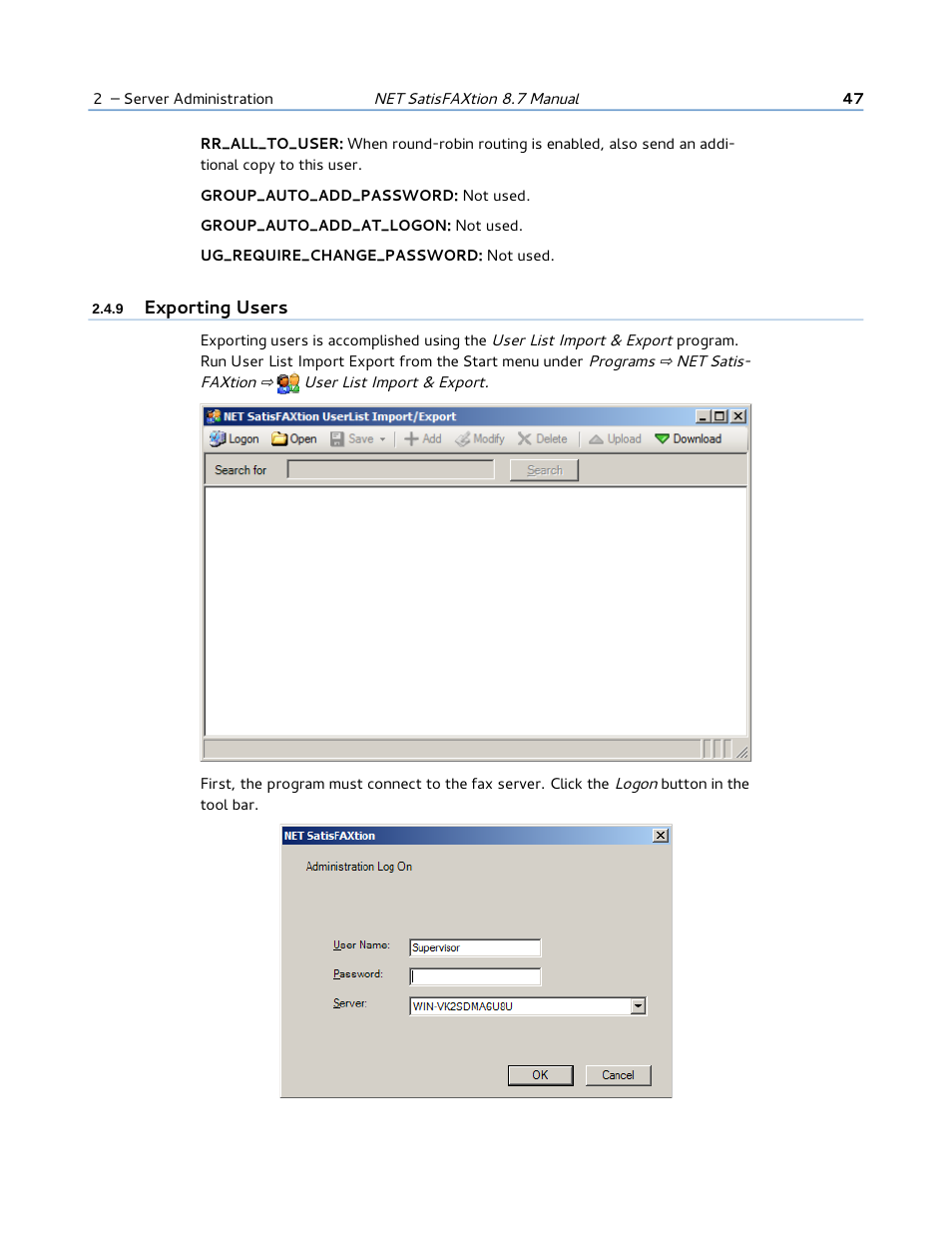 9 exporting users | FaxBack NET SatisFAXtion 8.7 (Including R3) - Manual User Manual | Page 47 / 238