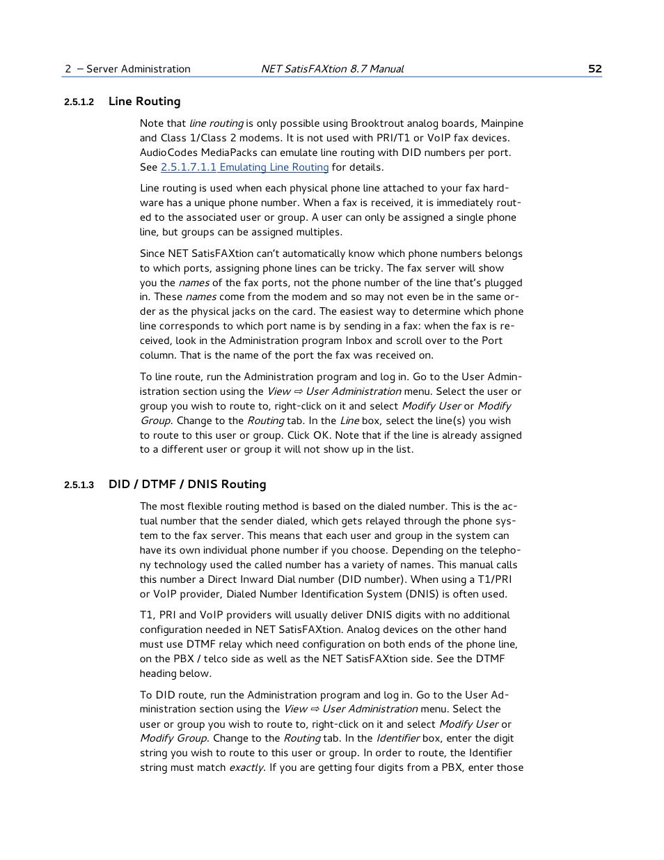 2 line routing, 3 did / dtmf / dnis routing | FaxBack NET SatisFAXtion 8.7 (Including R3) - Manual User Manual | Page 52 / 238