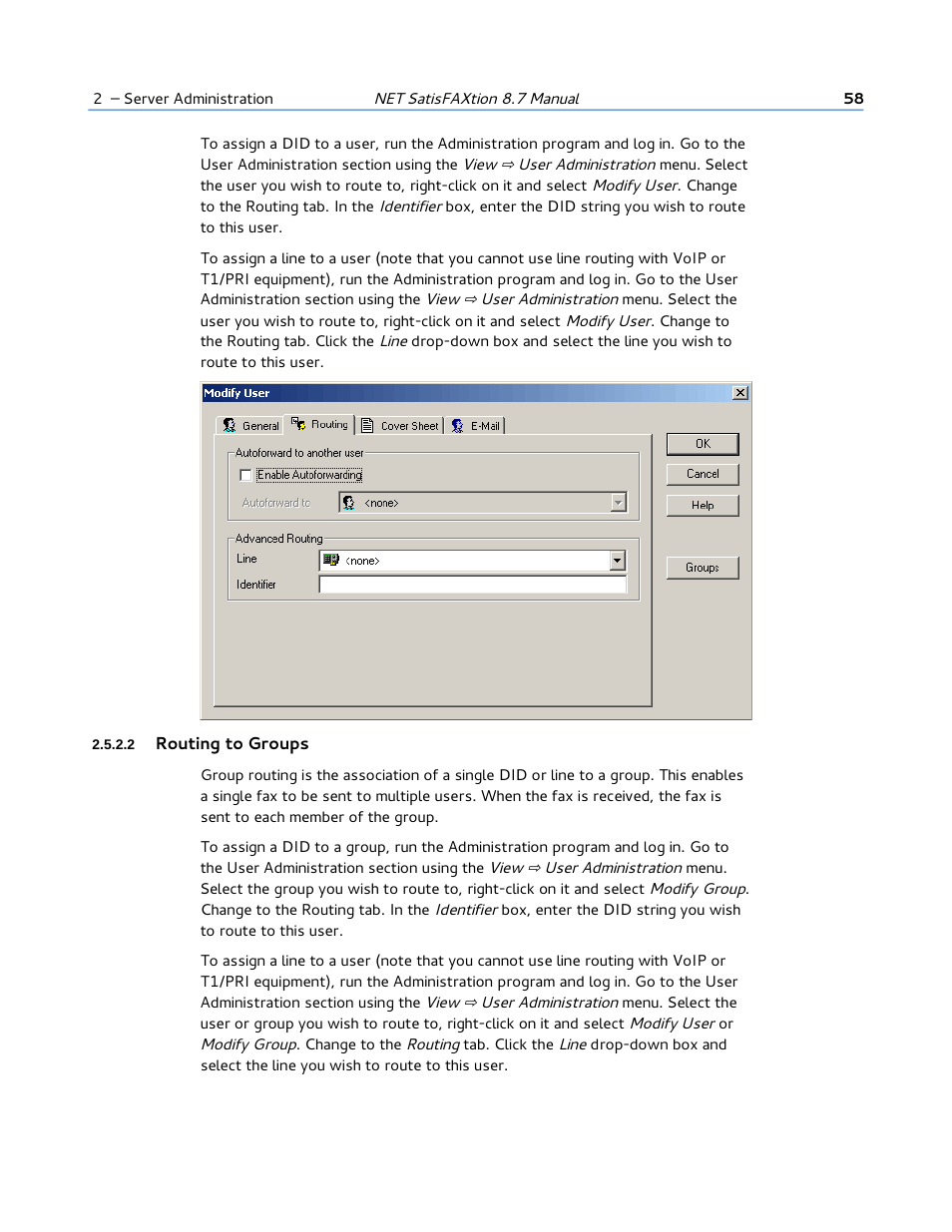 2 routing to groups | FaxBack NET SatisFAXtion 8.7 (Including R3) - Manual User Manual | Page 58 / 238