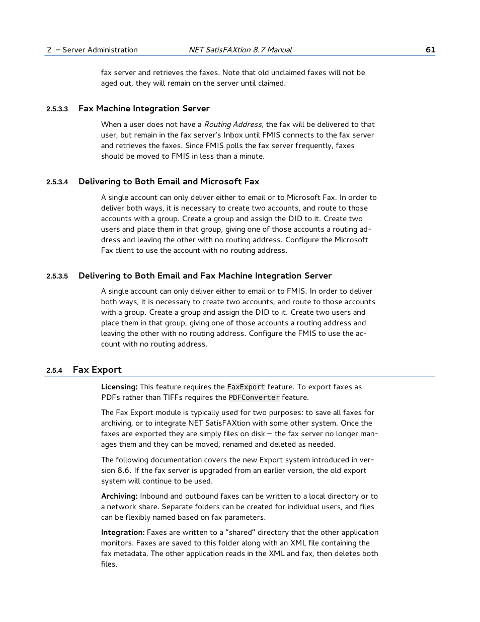 3 fax machine integration server, 4 delivering to both email and microsoft fax, 4 fax export | FaxBack NET SatisFAXtion 8.7 (Including R3) - Manual User Manual | Page 61 / 238