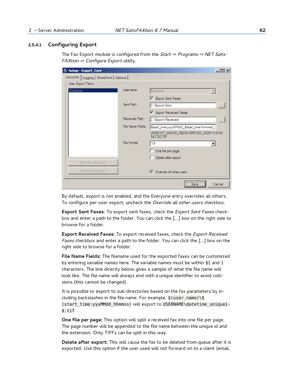 1 configuring export | FaxBack NET SatisFAXtion 8.7 (Including R3) - Manual User Manual | Page 62 / 238